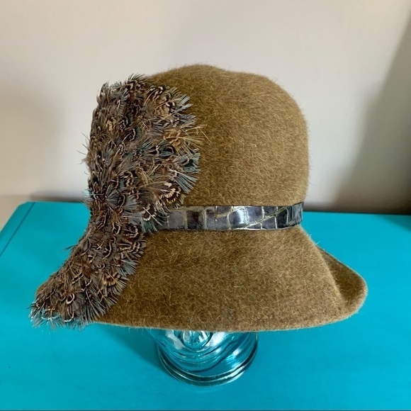 Gabriel Amar Frank Olive Brown Cloche Hat Feathers - Picture 5 of 7